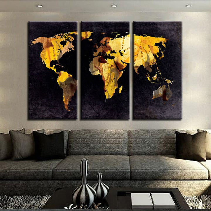 Beautiful Yellow Leaf World Map-Canvas Wall Art Painting 3 Pieces | Bowlift