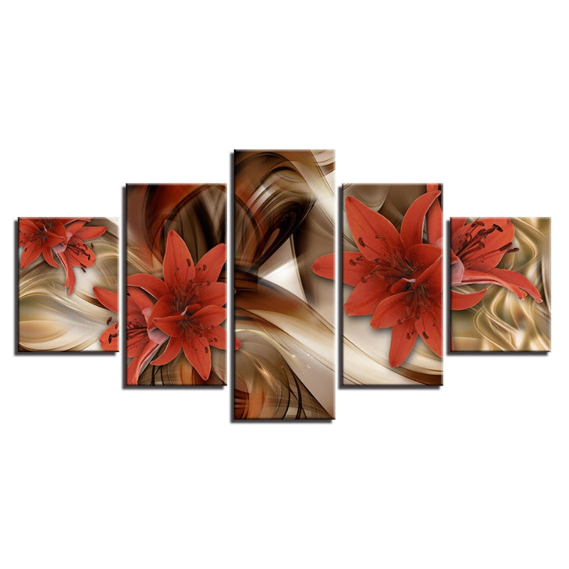 5 Piece Golden Background Red Flower - Canvas Wall Art Painting | Bowlift