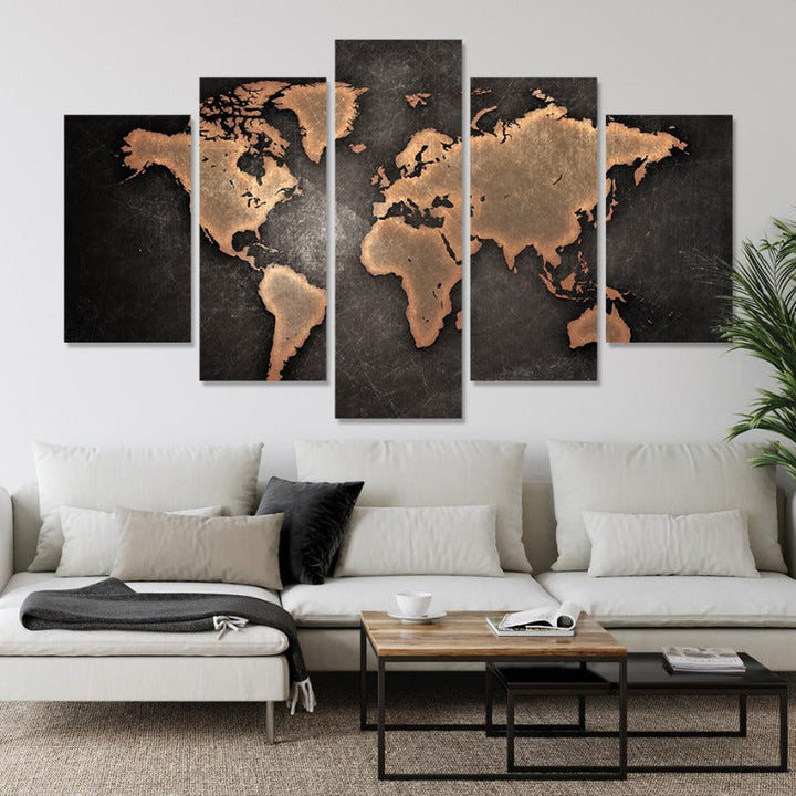 5 Piece Brown World Map - Canvas Wall Art Painting | Bowlift