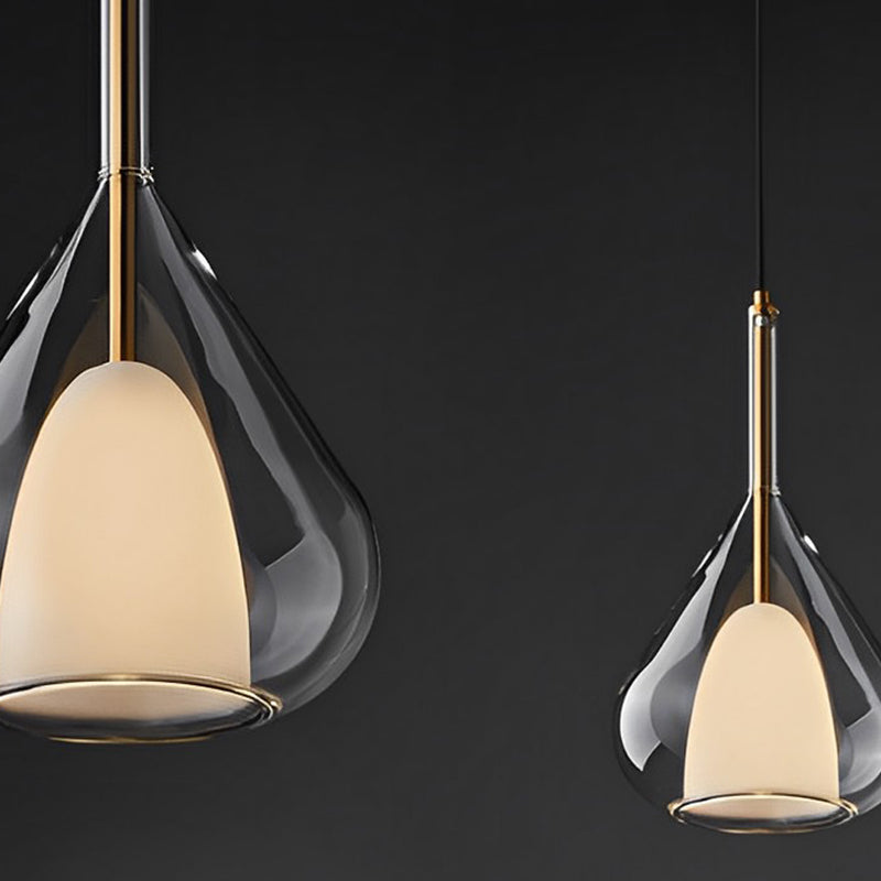 Industrial pendant light with double glass and raindrop design - Small hanging lamp for dining room and kitchen, modern minimalist design | Bowlift