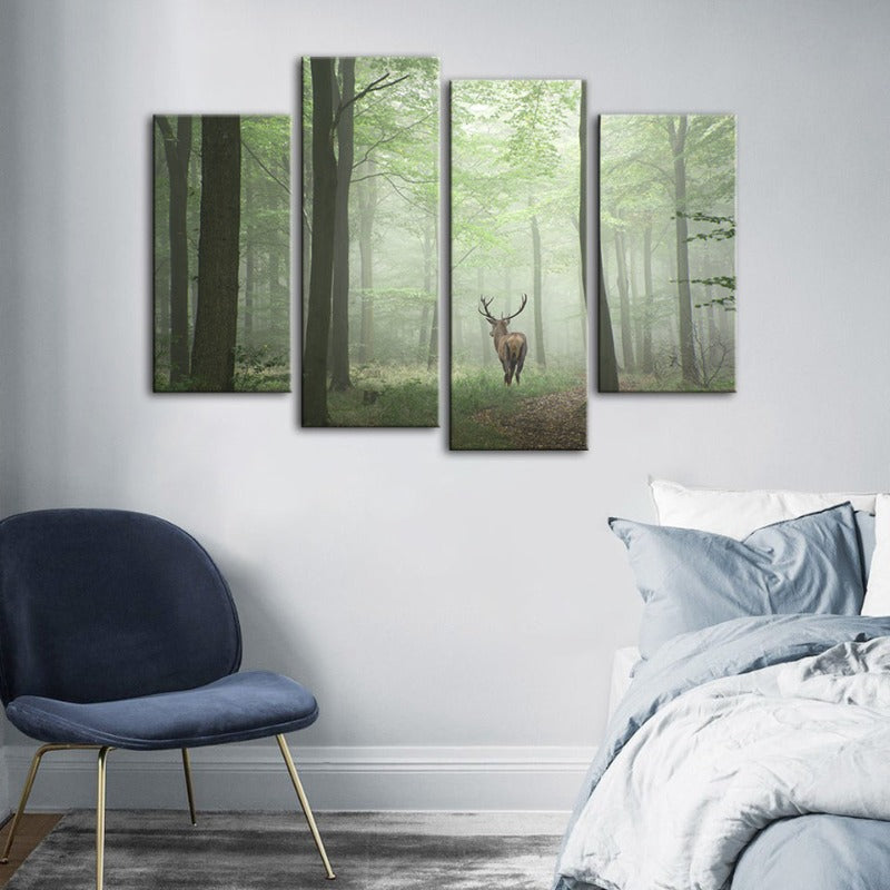 4 Piece Misty Mystical Deer in the Woods - Canvas Wall Art Painting | Bowlift