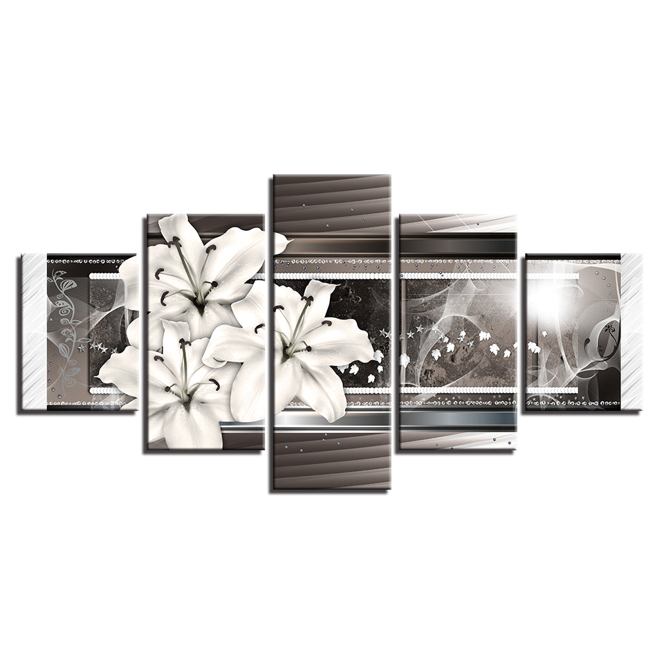 5 Piece White & Silver Flower - Canvas Wall Art Painting | Bowlift