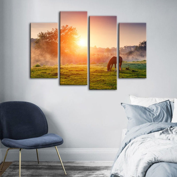 4 Piece Sunrise Grazing Horse - Canvas Wall Art Painting | Bowlift