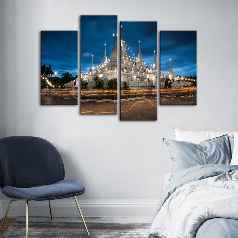 4 Piece Beautiful Temple Night Time - Canvas Wall Art Painting | Bowlift