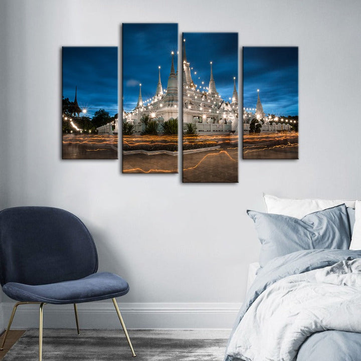 4 Piece Beautiful Temple Night Time - Canvas Wall Art Painting | Bowlift