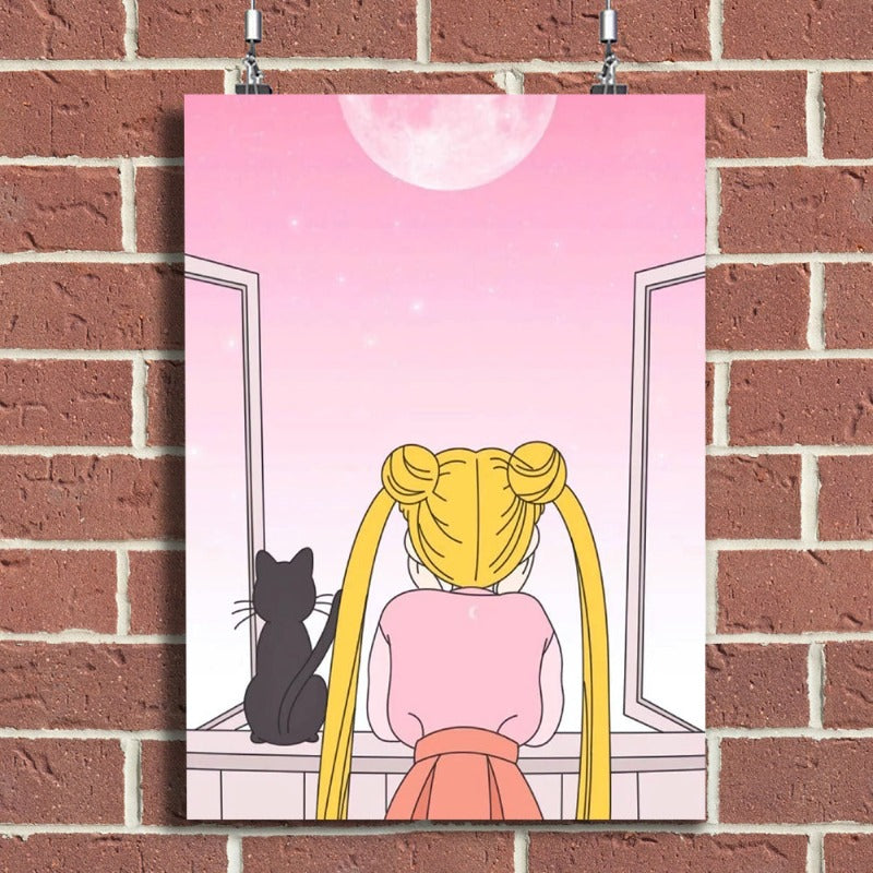 Girl And Her Moon Cat - Canvas Wall Art Painting | Bowlift