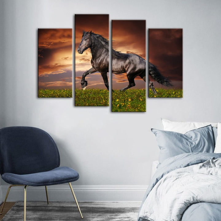 4 Piece Running Black Horse - Canvas Wall Art Painting | Bowlift