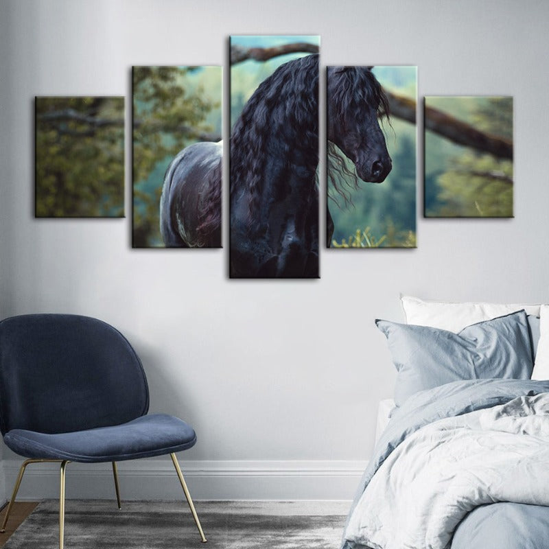 5 Piece Black Horse in Forest - Canvas Wall Art Painting | Bowlift