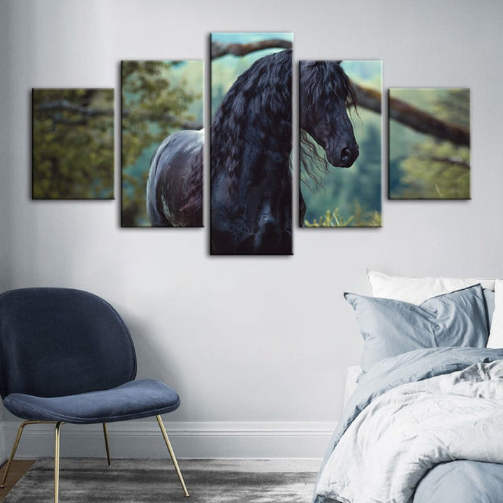 5 Piece Black Horse in Forest - Canvas Wall Art Painting | Bowlift