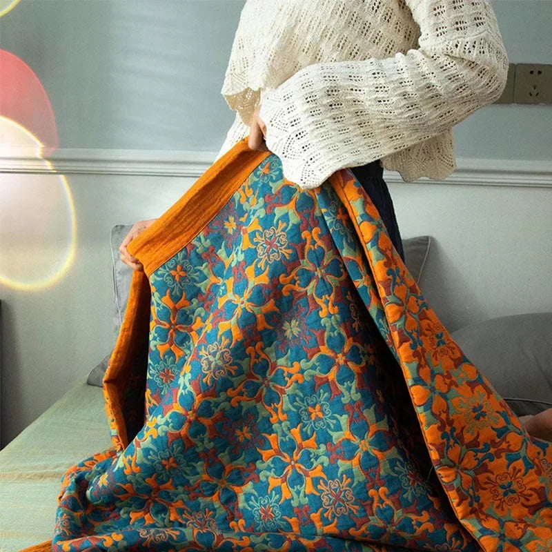 Blue patterned six-layer cotton blanket – TerraLoom comfort blanket