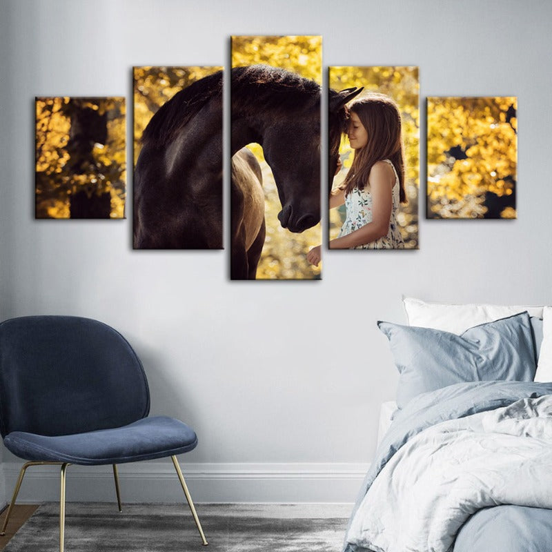 5 Piece Friendship Between Girl & Horse - Canvas Wall Art Painting | Bowlift