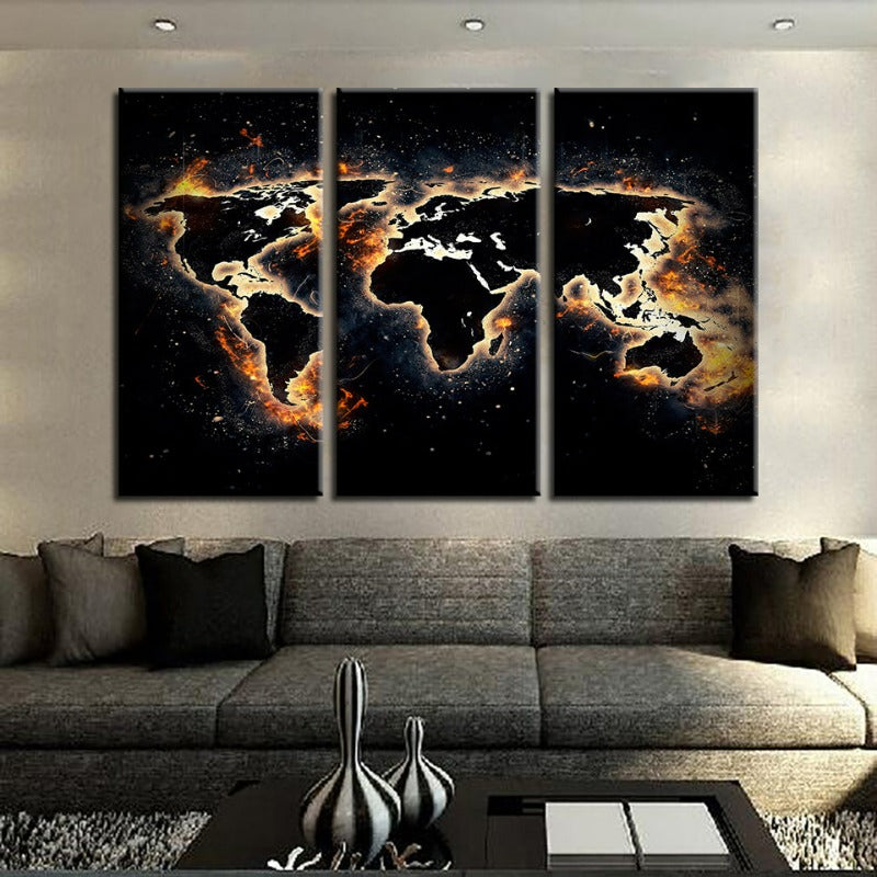 Fire and Black World Map-Canvas Wall Art Painting 3 Pieces | Bowlift