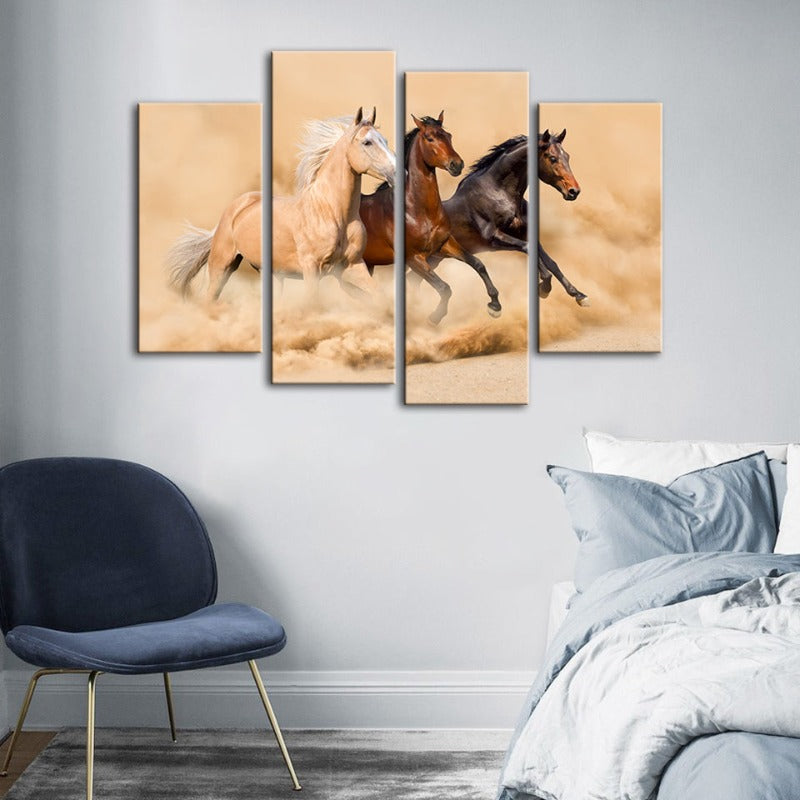 4 Piece Three Running Horses in Desert - Canvas Wall Art Painting | Bowlift