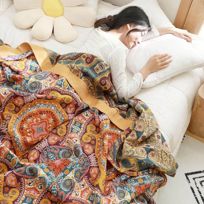 Sunrise Boho Reversible Blanket, 100% Cotton Cooling Quilt | Bowlift