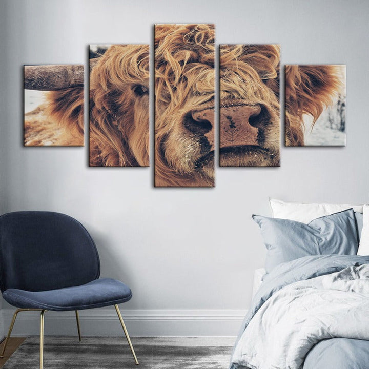 5 Piece Close Up Brown Cow - Canvas Wall Art Painting | Bowlift