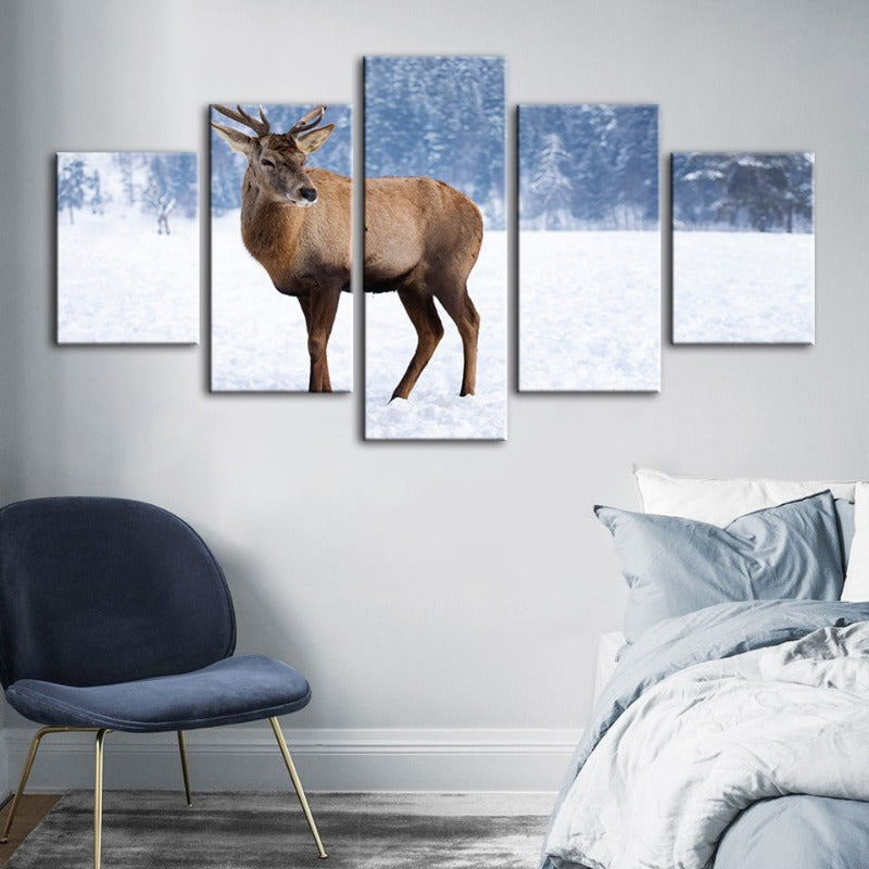 5 Piece Snowy Landscape Deer - Canvas Wall Art Painting | Bowlift