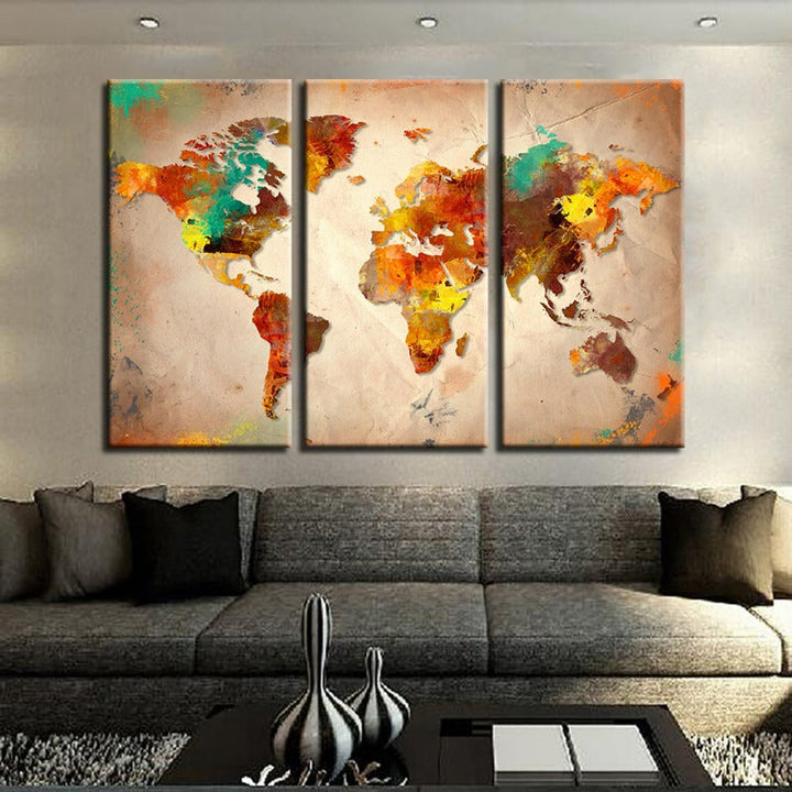 Beautiful Abstract Multi-Color World Map-Canvas Wall Art Painting 3 Pieces | Bowlift