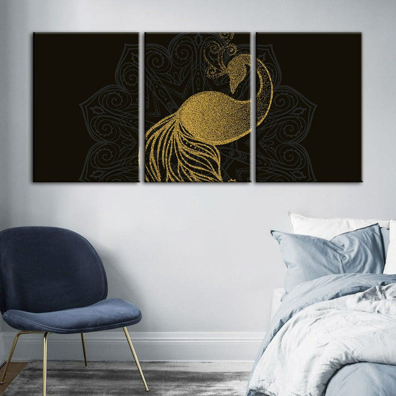 Abstract Golden Mandala Peacock - Canvas Wall Art Painting 3 Pieces | Bowlift
