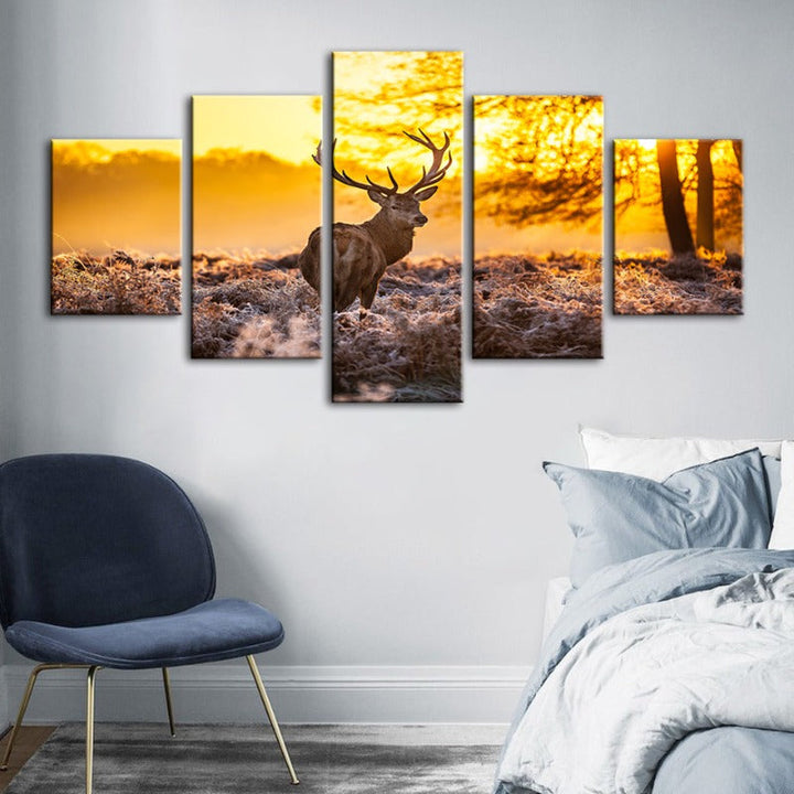 5 Piece Winter Deer at Dawn - Canvas Wall Art Painting | Bowlift