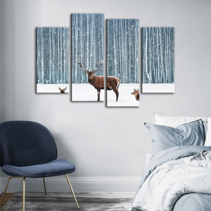 4 Piece Two Does and a Deer in Winter - Canvas Wall Art Painting | Bowlift