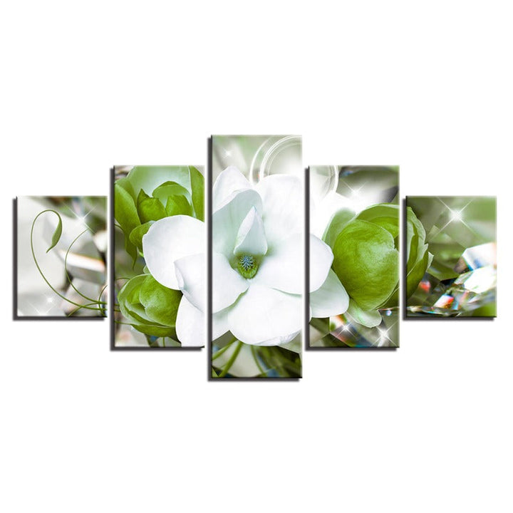 5 Piece Green Background White Flower - Canvas Wall Art Painting | Bowlift