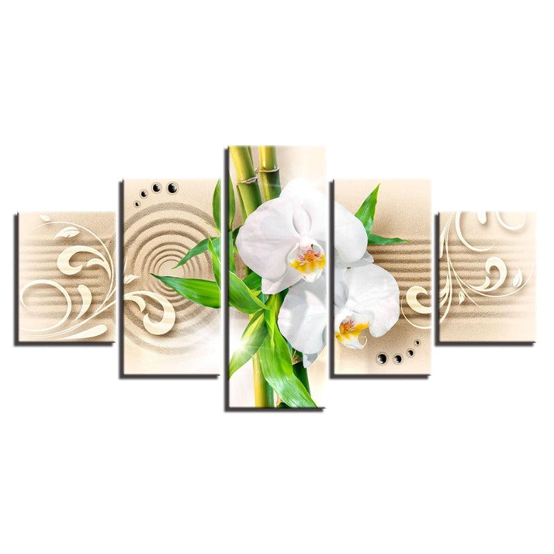 5 Piece Bamboo Stick White Flower - Canvas Wall Art Painting | Bowlift