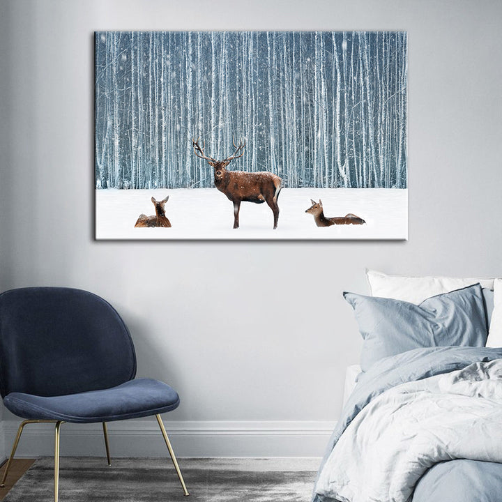 Two Does And A Deer In Winter - Canvas Wall Art Painting | Bowlift