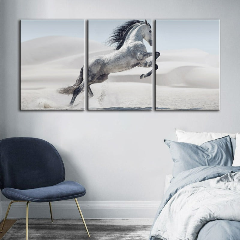 Jumping White Horse-Canvas Wall Art Painting 3 Pieces | Bowlift