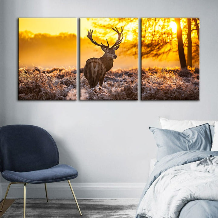Winter Deer At Dawn-Canvas Wall Art Painting 3 Pieces | Bowlift