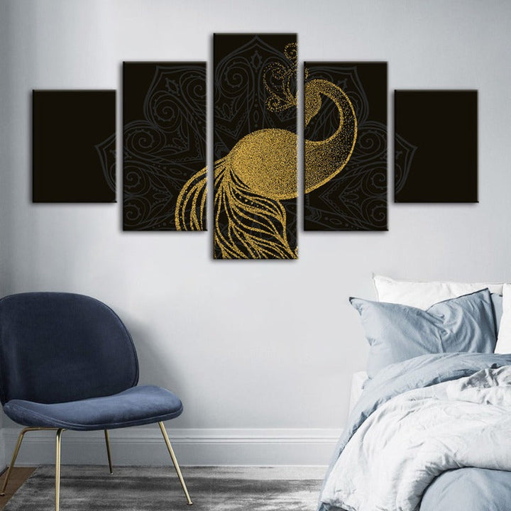 5 Piece Abstract Golden Mandala Peacock - Canvas Wall Art Painting | Bowlift