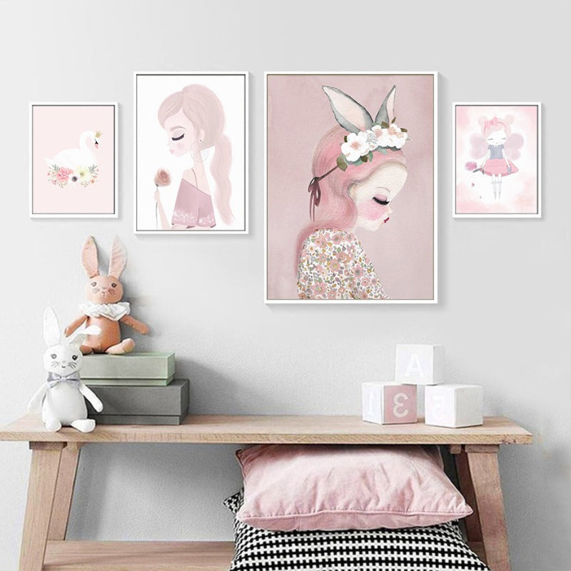 Sweet Pink Unicorn Girls - Canvas Wall Art Painting | Bowlift