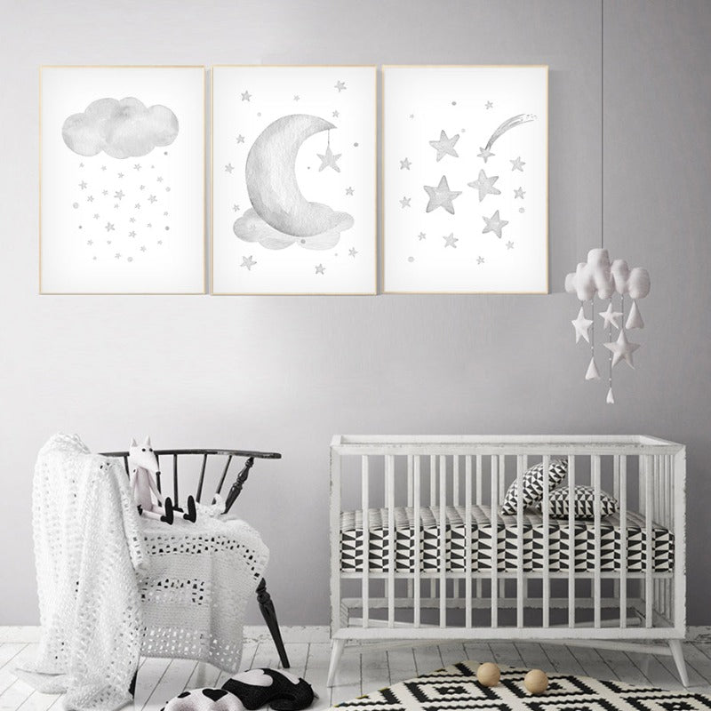 Grey Moon Stars Cloud Nursery - Canvas Wall Art Painting | Bowlift