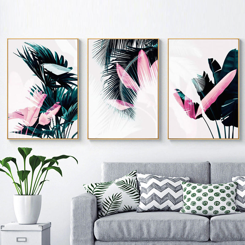 Modern Tropical Leaves Dark Green Nordic - Canvas Wall Art Painting | Bowlift