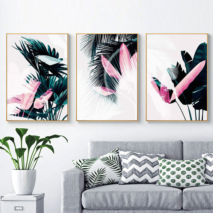 Modern Tropical Leaves Dark Green Nordic - Canvas Wall Art Painting | Bowlift