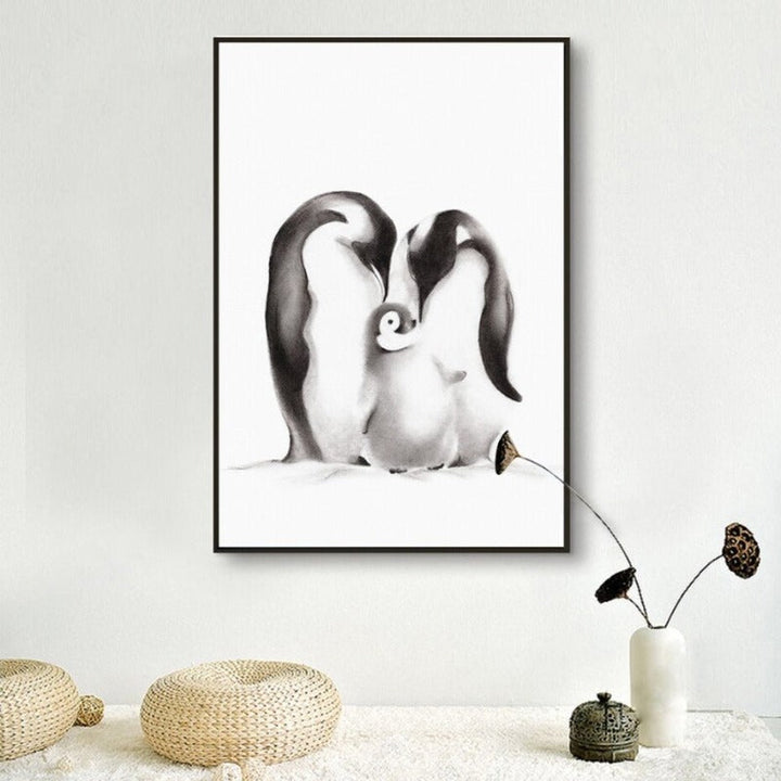Modern Penguin Family Love - Canvas Wall Art Painting | Bowlift