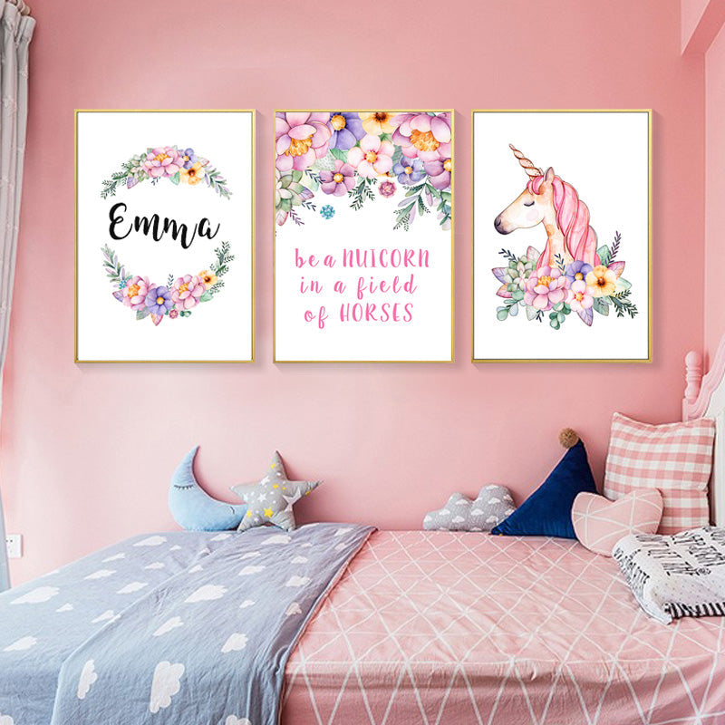 Modern Pink Cartoon Nursery Decor Customized Name - Canvas Wall Art Painting | Bowlift