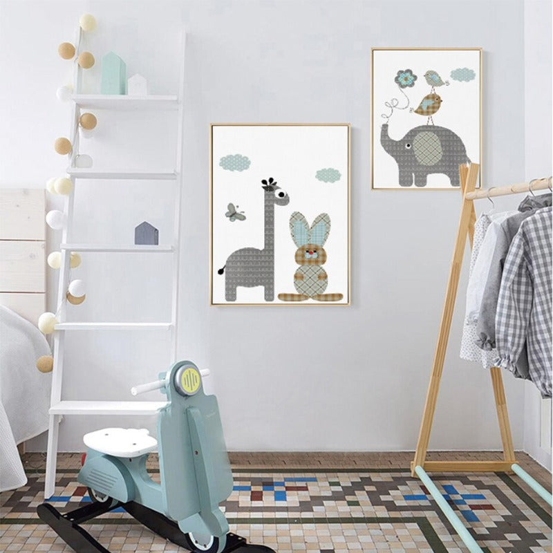 Cartoon Giraffe Rabbit Elephant Animals - Canvas Wall Art Painting | Bowlift