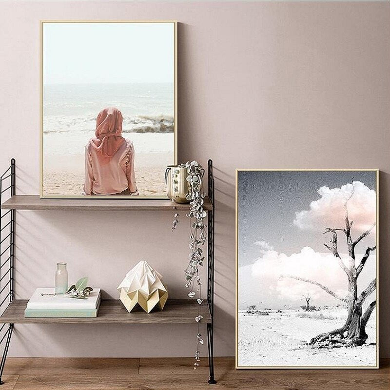 Pink Seascape Bus Healing Girl - Canvas Wall Art Painting | Bowlift