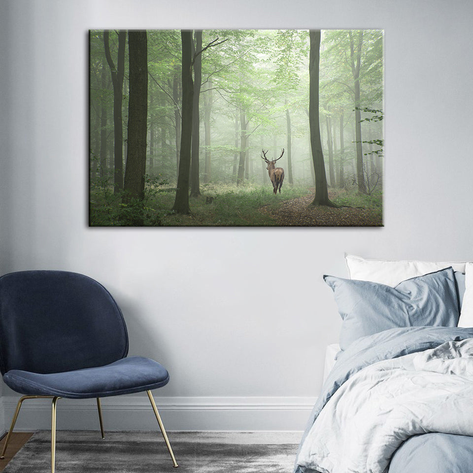 Misty Mystical Deer In The Woods - Canvas Wall Art Painting | Bowlift