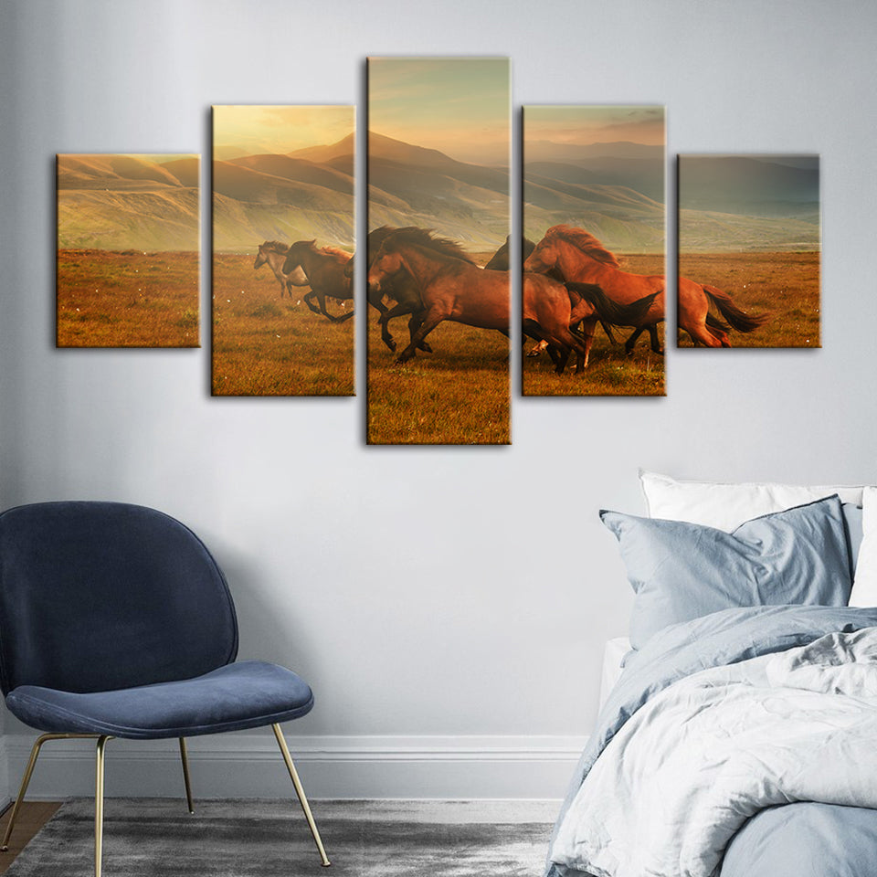 5 Piece Running Horses With Beautiful Landscape - Canvas Wall Art Painting | Bowlift