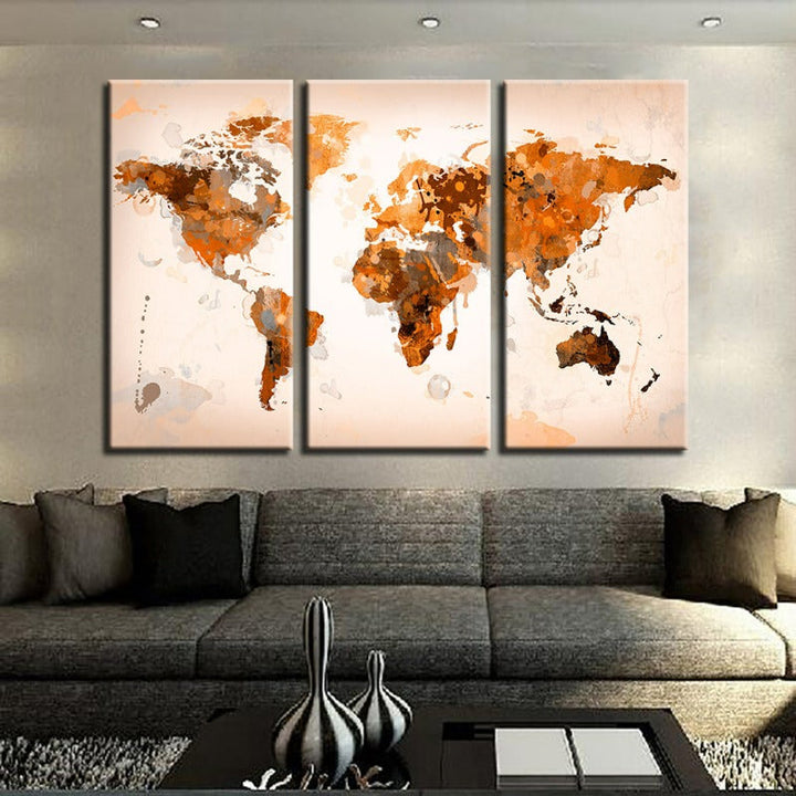 Beautiful Abstract Brown World Map-Canvas Wall Art Painting 3 Pieces | Bowlift