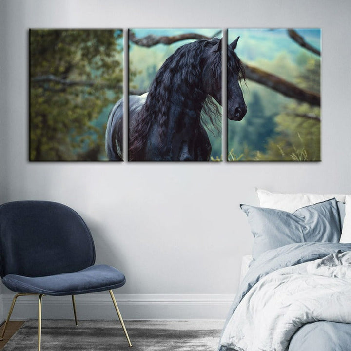 Black Horse in Forest-Canvas Wall Art Painting 3 Pieces | Bowlift