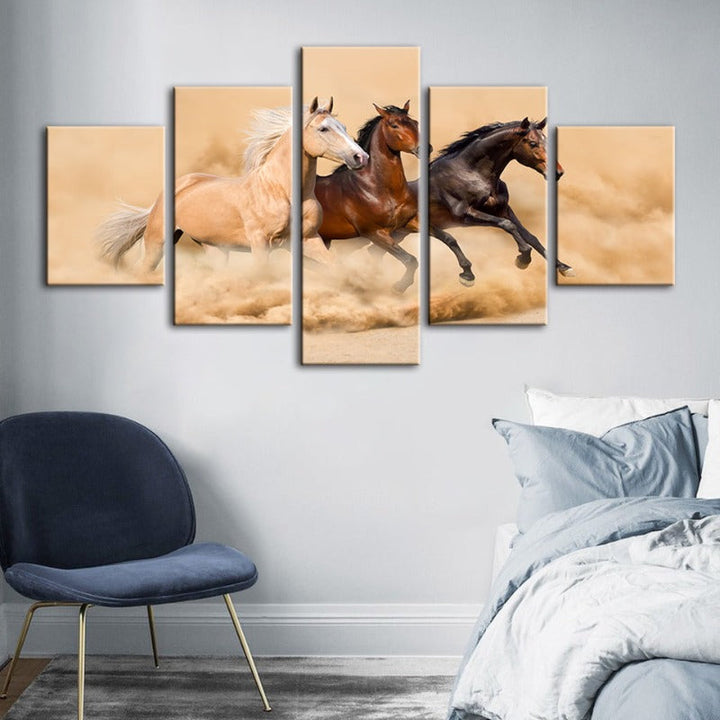 5 Piece Three Running Horses in Desert - Canvas Wall Art Painting | Bowlift