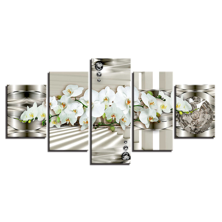 5 Piece White Metallic Background Flower - Canvas Wall Art Painting | Bowlift