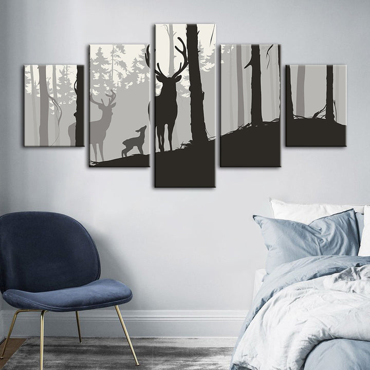 Silhouette Deer Family 5 Piece - Canvas Wall Art Painting | Bowlift