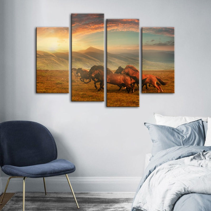4 Piece Running Horses With Beautiful Landscape - Canvas Wall Art Painting | Bowlift