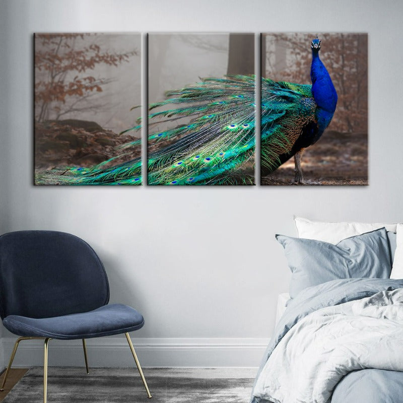 Vivid Peacock By The Pond-Canvas Wall Art Painting 3 Pieces | Bowlift
