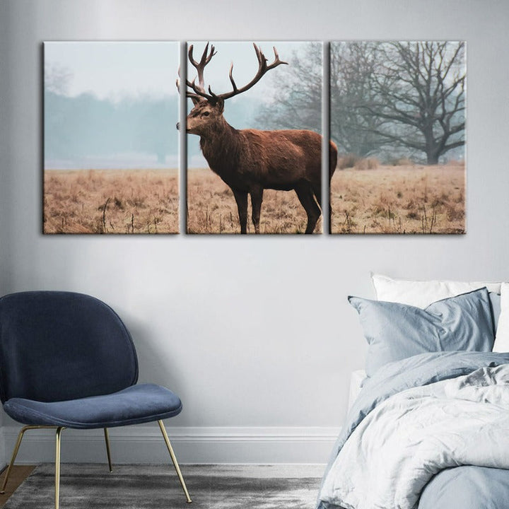 Regal Deer In The Plains-Canvas Wall Art Painting 3 Pieces | Bowlift