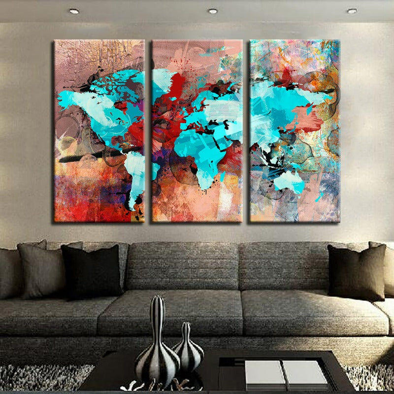 Beautiful Abstract Sea Blue & Red World Map-Canvas Wall Art Painting 3 Pieces | Bowlift