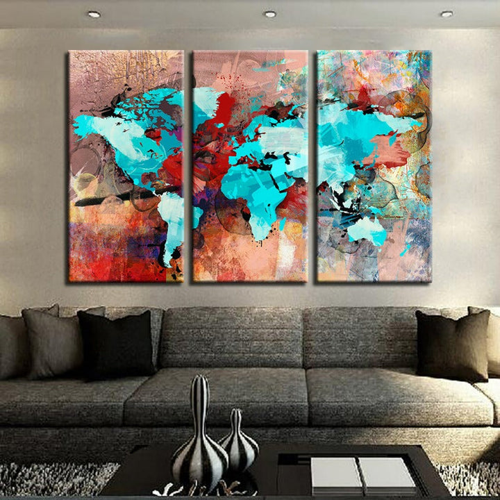 Beautiful Abstract Sea Blue & Red World Map-Canvas Wall Art Painting 3 Pieces | Bowlift
